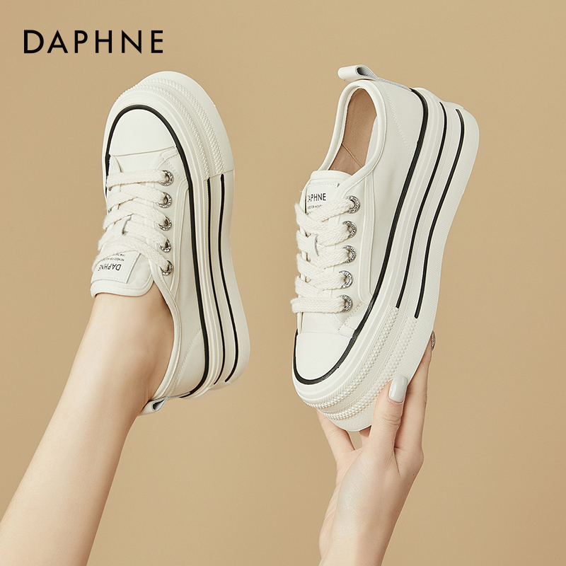 达芙妮白色松糕鞋女厚底小白鞋2025年新款休闲女鞋春秋透气帆布鞋