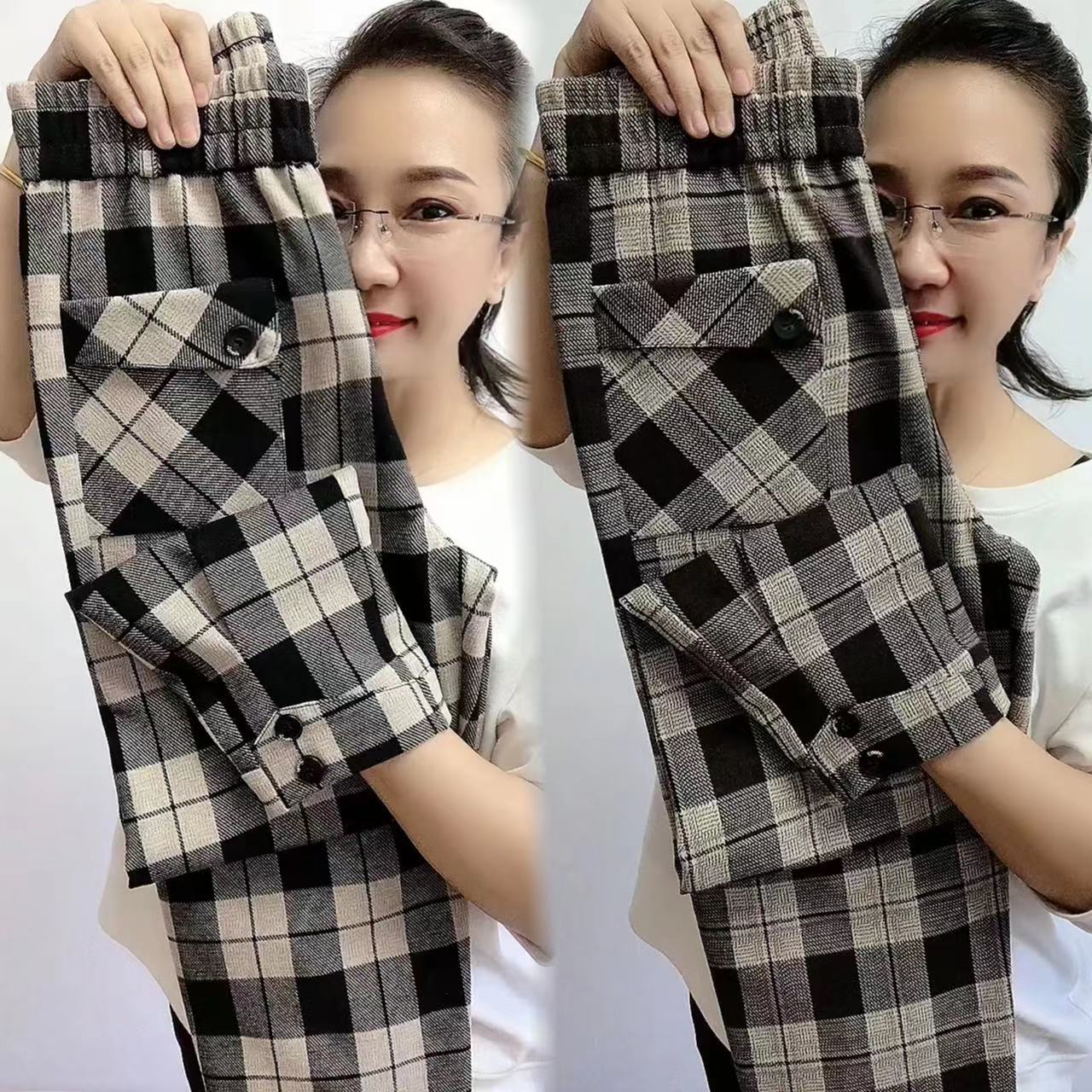 2024秋冬新款格子休闲裤女韩版宽松束脚哈伦裤百搭显瘦小脚马丁裤