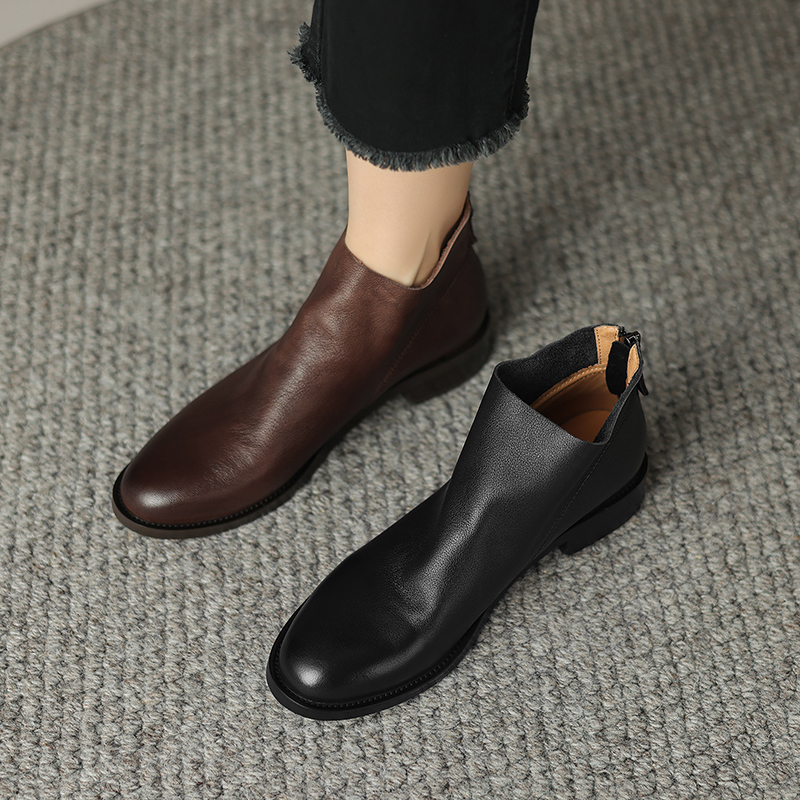 3cm平底简约真皮复古及踝靴英伦风马丁靴百搭软底短靴「保暖搭子」