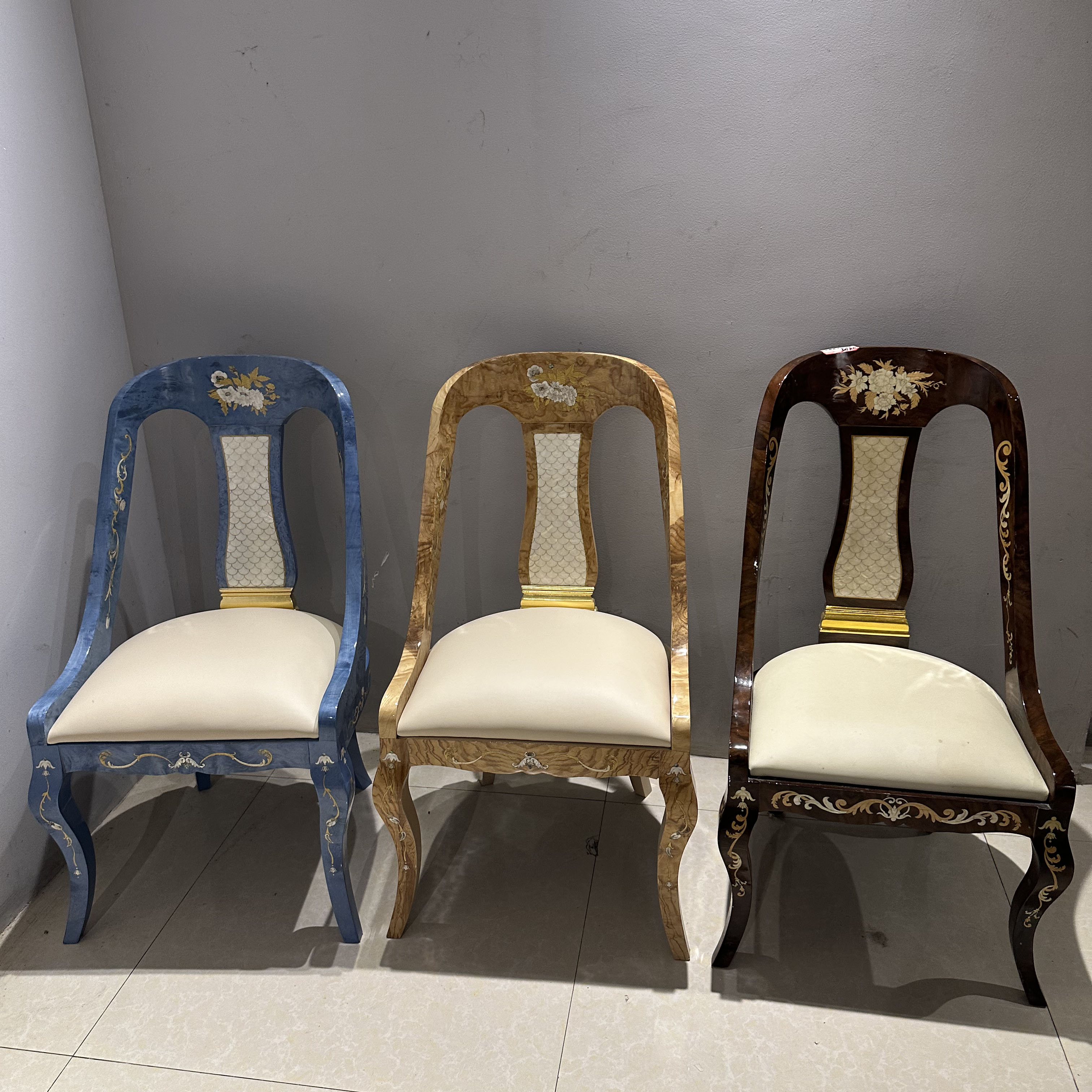 法式实木餐椅贝壳镶嵌木皮拼花坐垫真皮餐椅