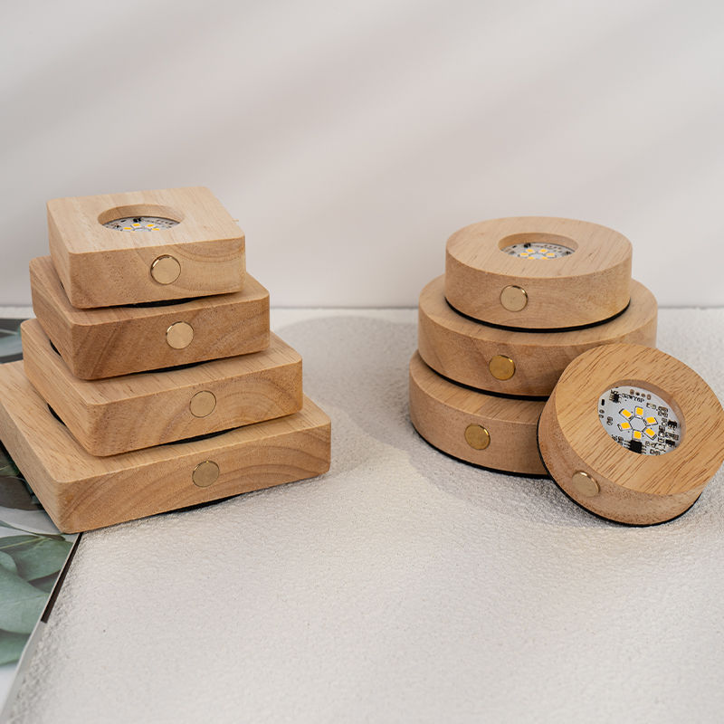 实木发光水晶球方体底座七彩光圆形灯座USB插口触摸充电木底座