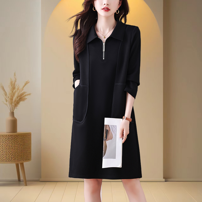 法式简约时尚POLO领连衣裙女2025春秋新款大码宽松遮肉显瘦中长裙