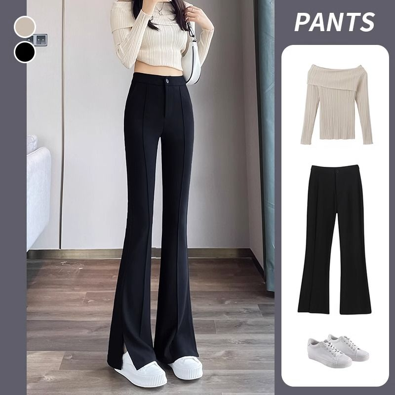 春秋微喇西装裤女夏季薄款小个子高腰黑色显瘦马蹄开叉裤子休闲裤