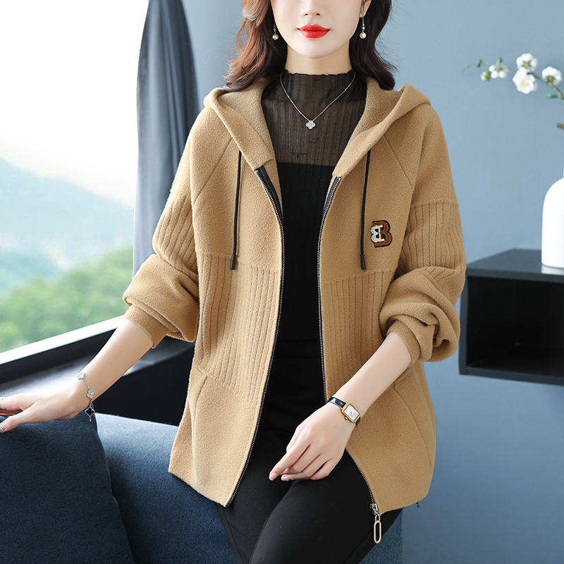 秋冬新款羊毛呢连帽外套女士宽松韩版毛衣针织开衫拉链休闲上衣女