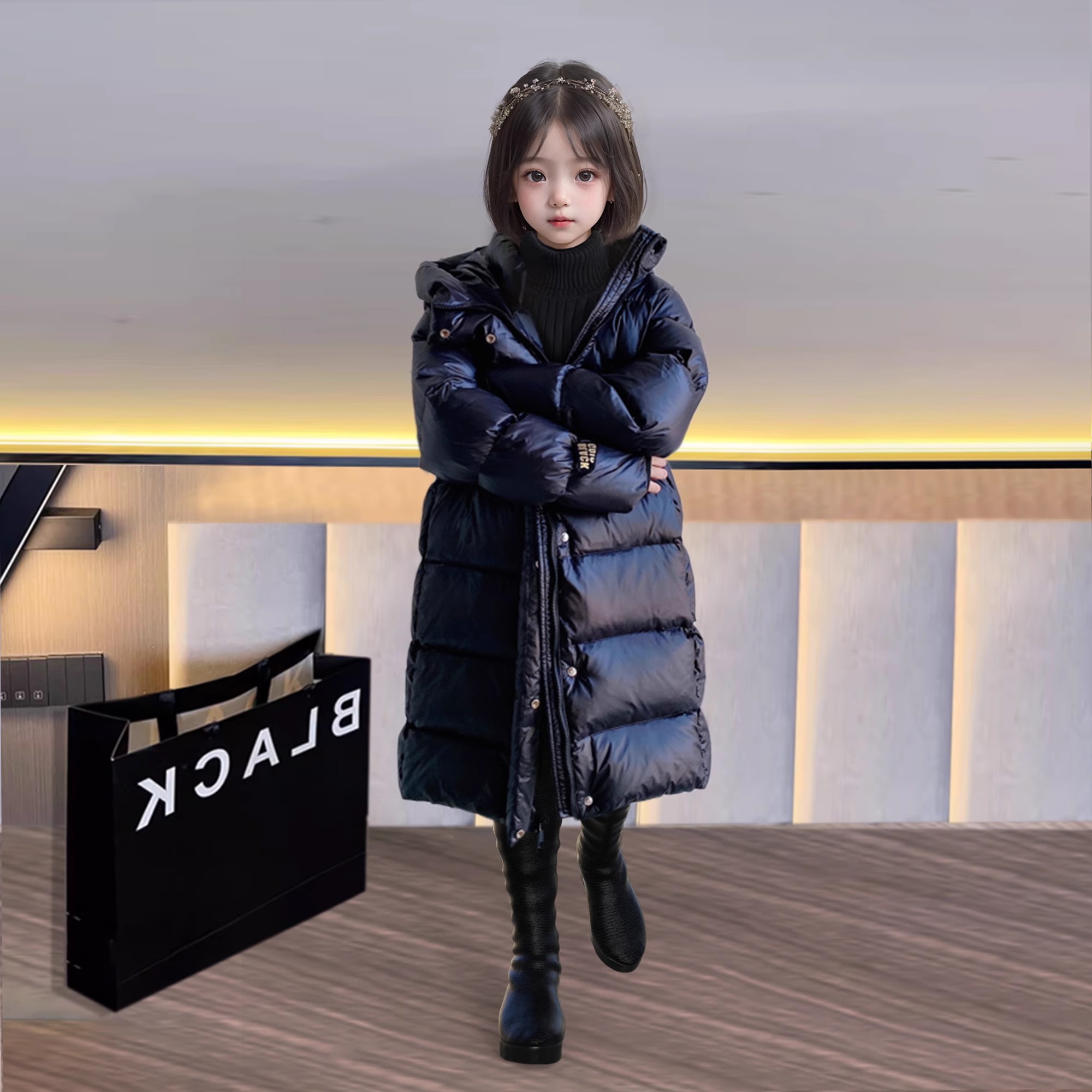 冬季新款女童长款黑金儿童羽绒服过膝加厚中长款大童宝宝极寒外套