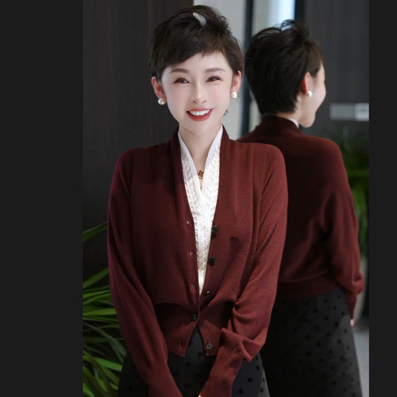 MINGGANG/名港【青果领】显瘦气质小香风长袖针织衫MG7200