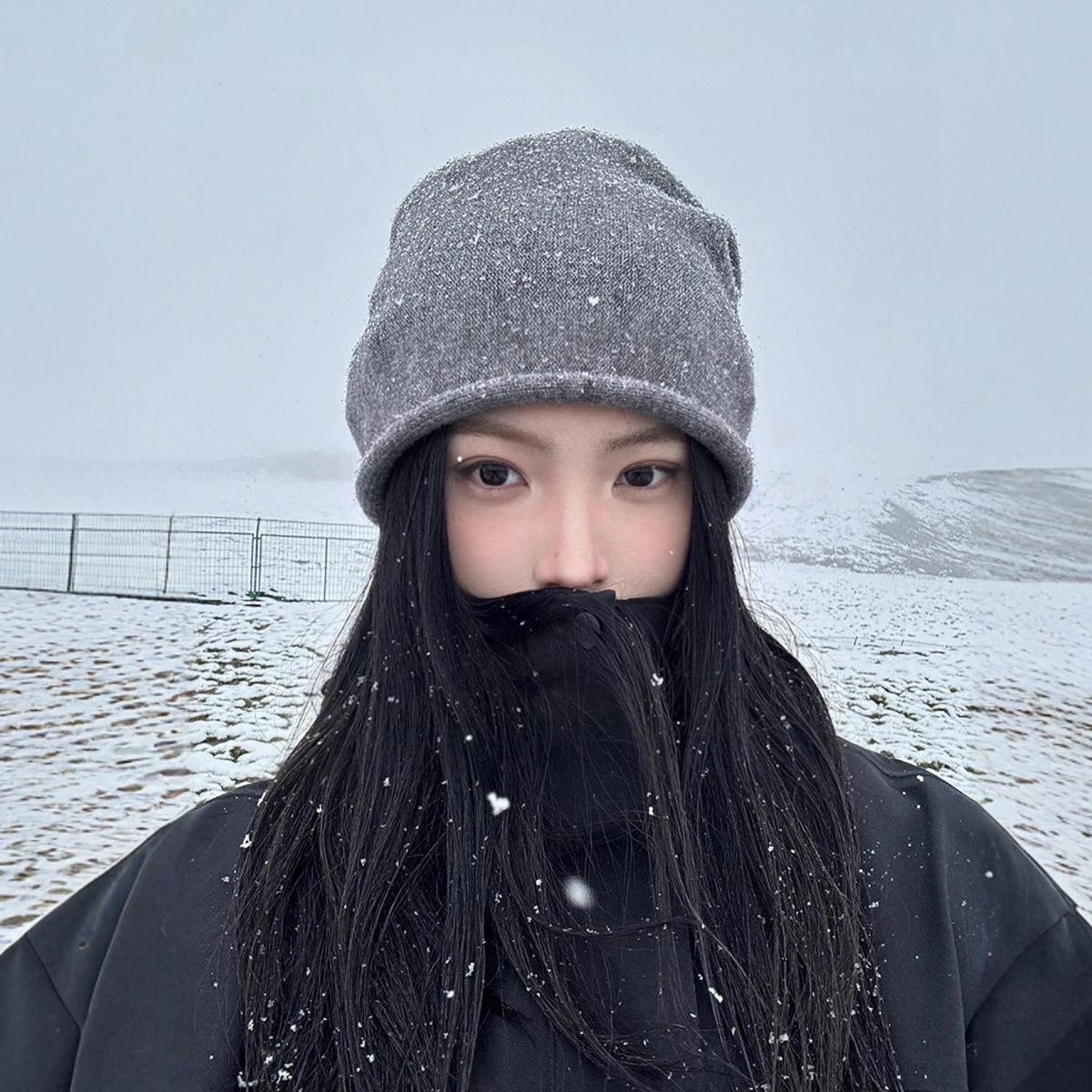 冷帽堆堆帽女大头围2024春秋包头帽云南川西草原旅游帽灰色针织帽