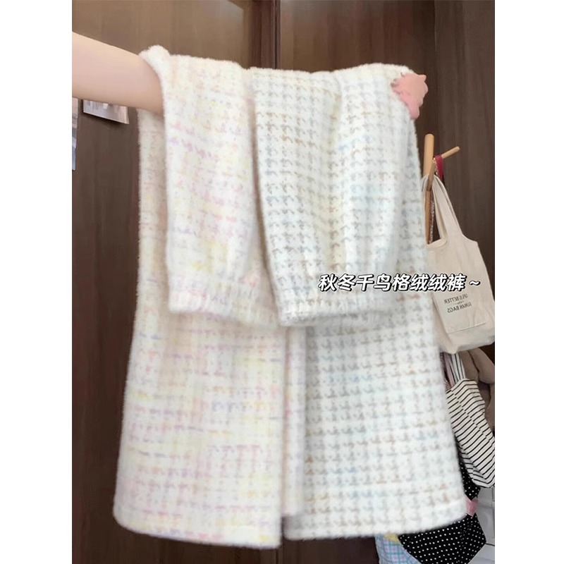 小个子150日系慵懒千鸟格直筒裤女145秋冬阔腿高腰外穿垂感休闲裤