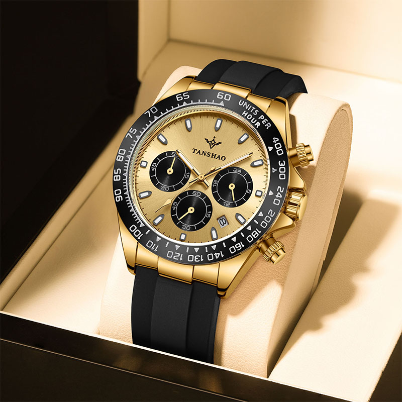 迪通拿系列多功能镂空计时腕表三眼六针防水夜光手表男