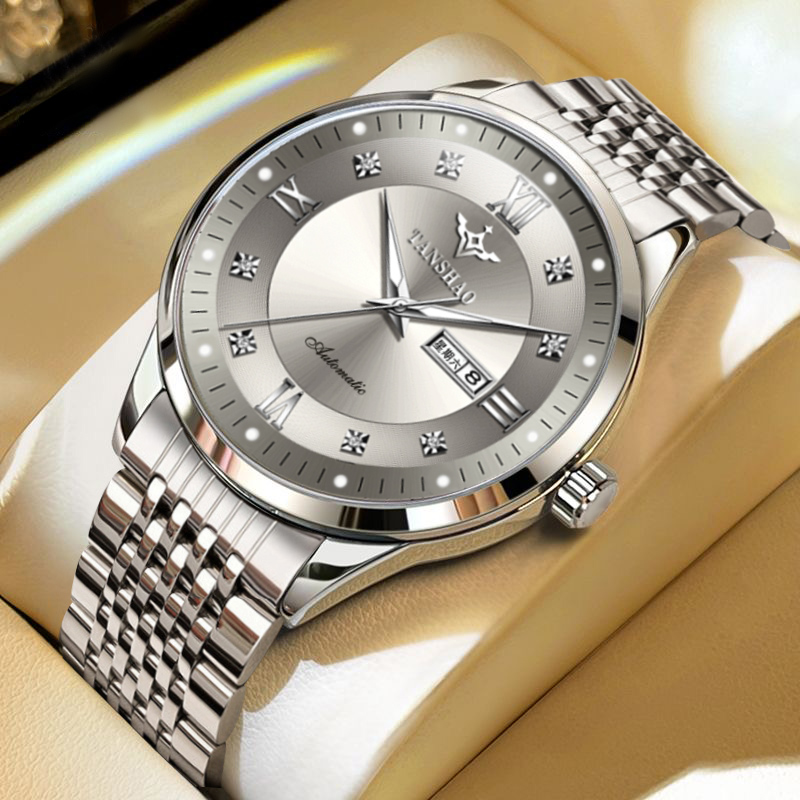 现货正品】满钻/罗马/气质灰/正品全自动双日历镂空防水手表男