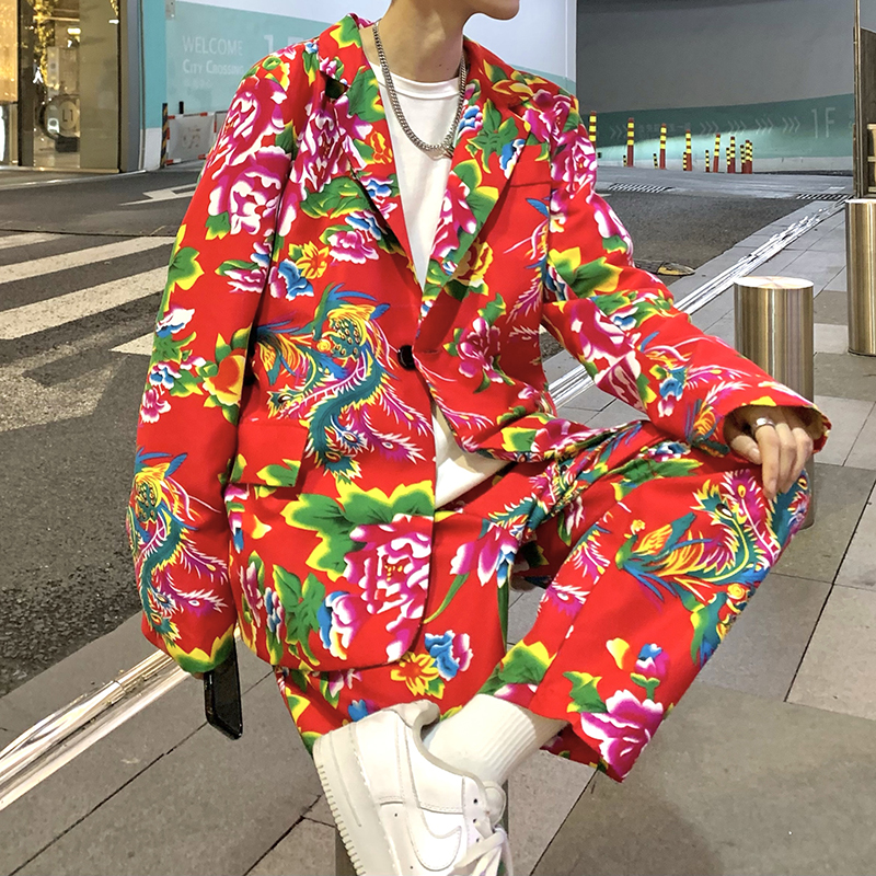 大码宽松东北大花西服外套男潮牌情侣款民族特色印花国潮西装休闲
