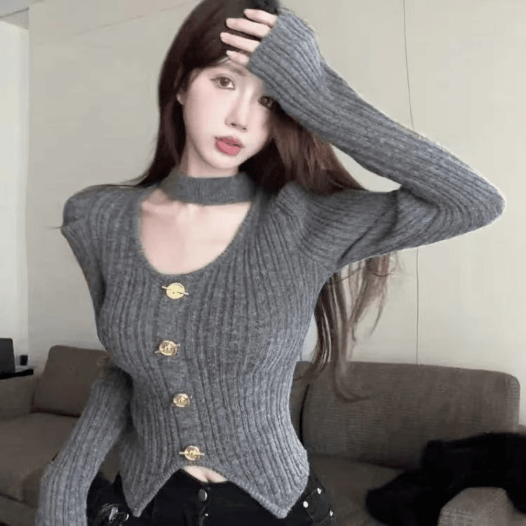 灰色泡泡袖挂脖u领针织衫女秋冬季修身长袖上衣开叉内搭打底毛衣