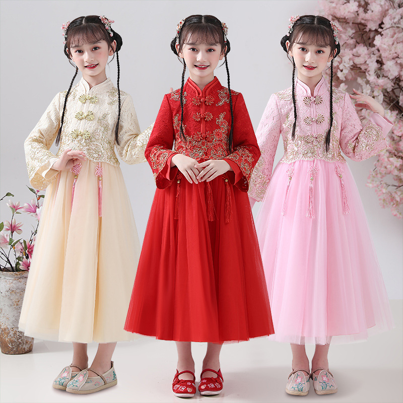 汉服女童连衣裙2025春秋新款儿童唐装旗袍拜年服小女孩蕾丝公主裙