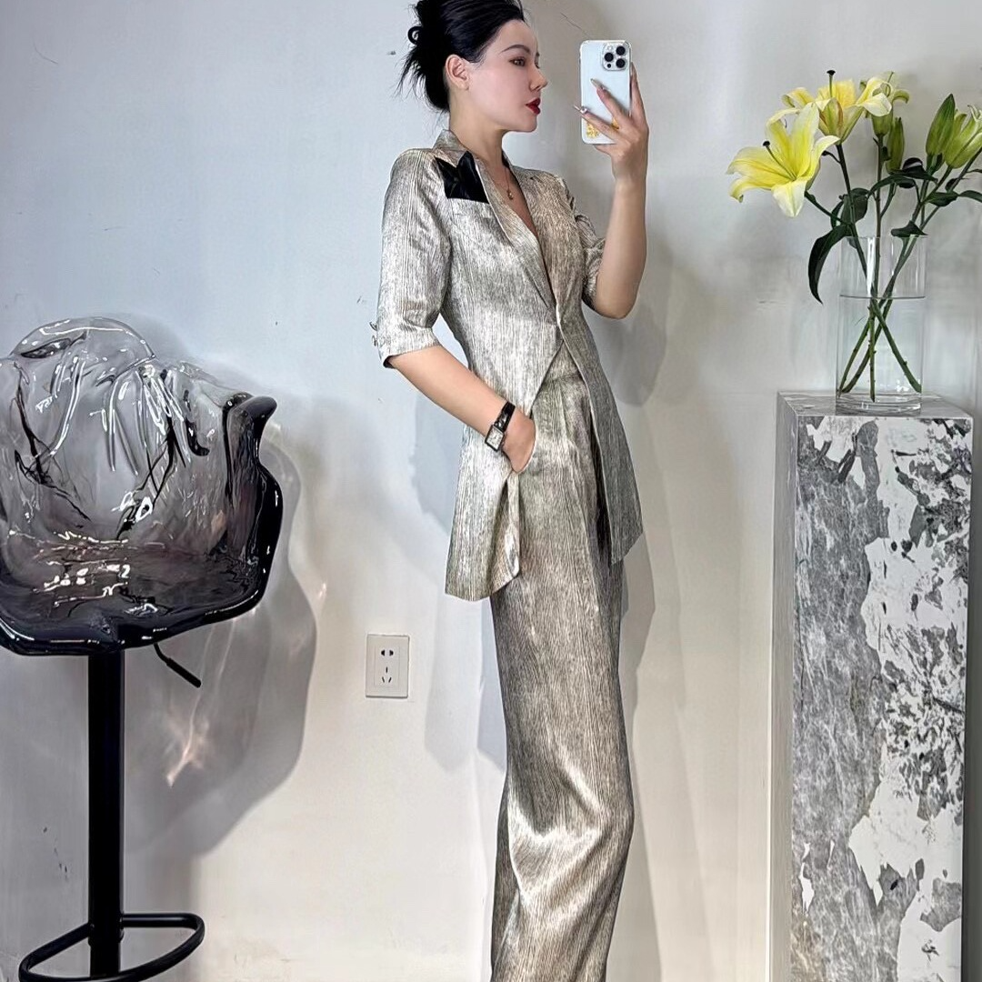 2025夏季新款高端气质醋酸西装套装女高腰阔腿裤收腰两件套薄时尚