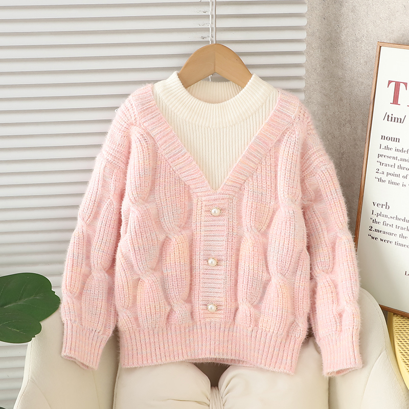 女童冬季毛衣中大童假两件打底衫宝宝加厚儿童2025洋气针织衫上衣