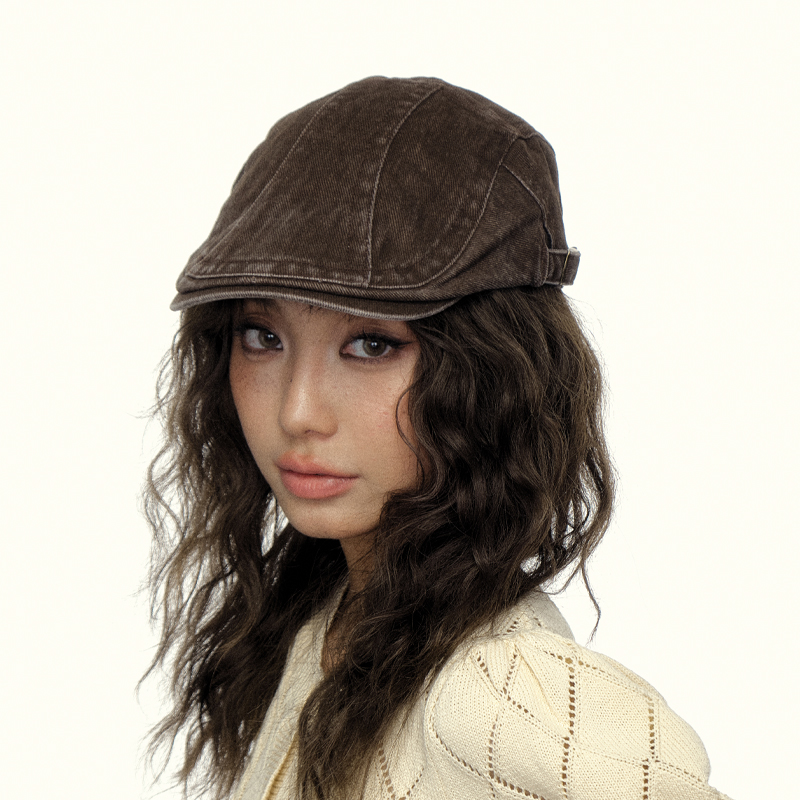 美式复古咖啡色水洗做旧牛仔前进帽子女辣妹鸭舌帽贝雷报童画家帽