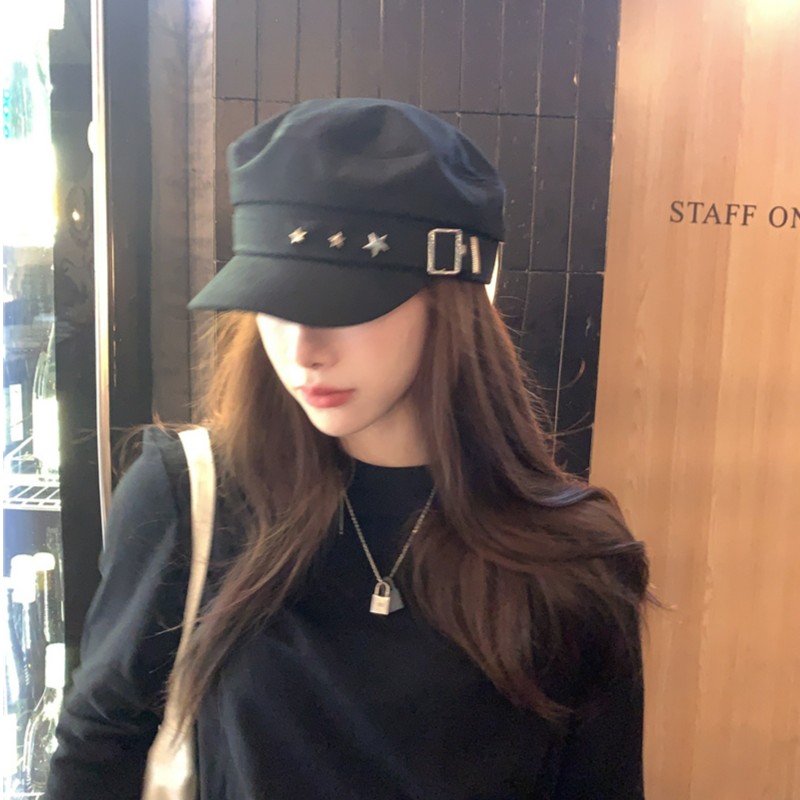 小众复古辣妹y2k星星铆钉海军帽子女日系显脸小八角帽画家贝雷帽