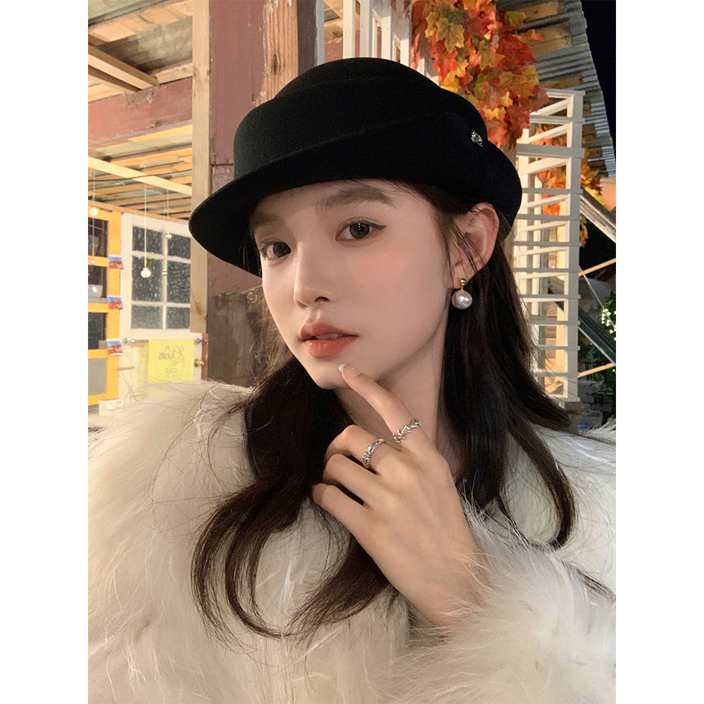 羊毛呢帽子女秋冬款时尚卷边礼帽保暖渔夫帽法式赫本风盆帽气质