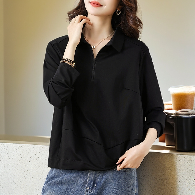 早秋新品极简风休闲纯色长袖polo衫衬衫洋气减龄高级感宽松上衣潮