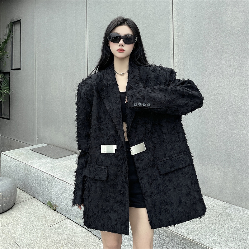 洋气时尚须边拉毛高级感西装外套女秋冬中长款宽松设计感夹棉上衣