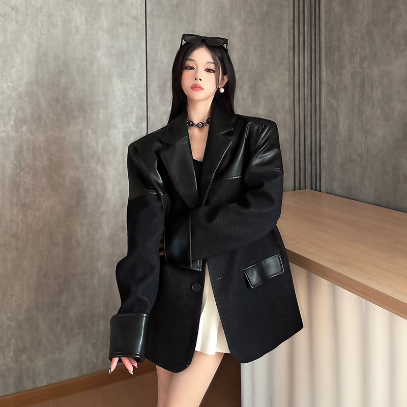 洋气男友风西装外套女秋冬加厚pu皮拼接设计感休闲西服女款