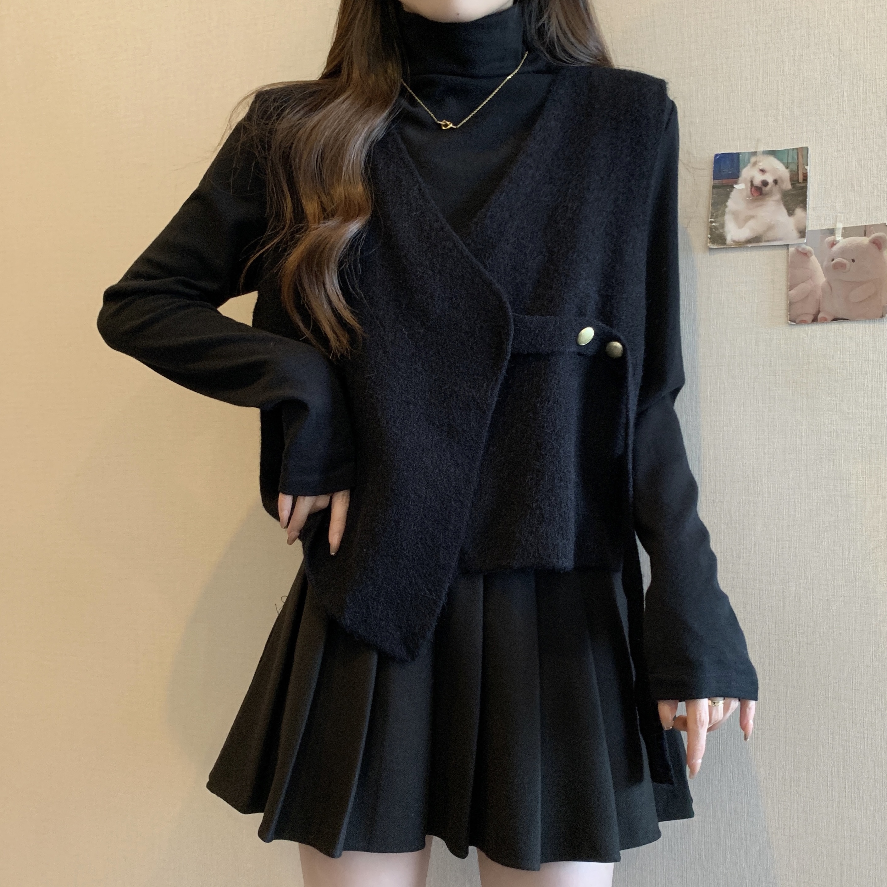 大码遮肚子小香风毛衣马甲两件套女秋冬胖妹妹显瘦内搭T恤打底衫