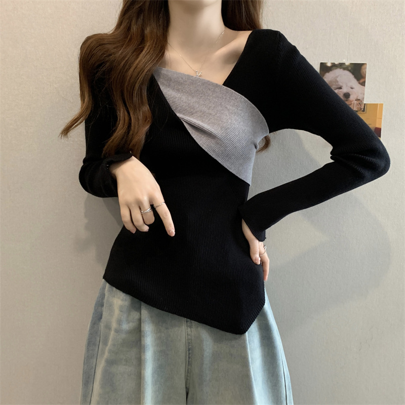 大码女装遮肚子不规则拼接长袖打底衫春秋胖妹妹显瘦v领针织上衣