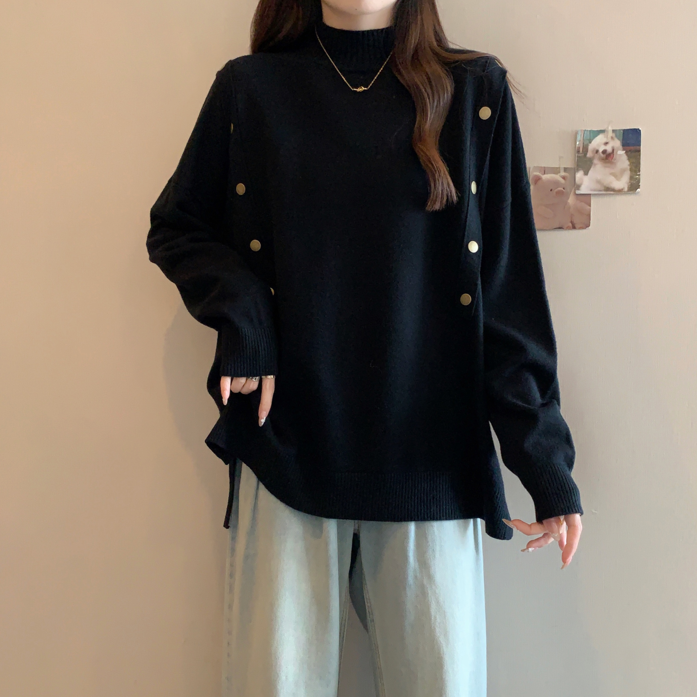 大码女装遮肚子慵懒风半高领针织衫女秋冬胖妹妹显瘦洋气内搭上衣