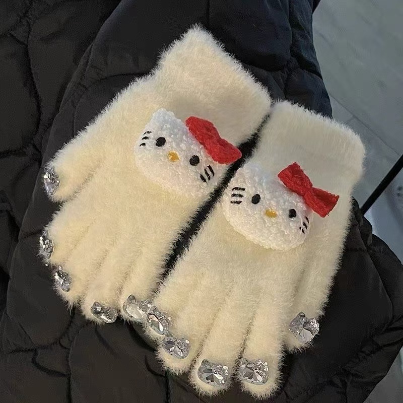 手套冬季五指手套卡通高颜值带水钻凯蒂猫保暖水貂毛可爱学生骑行