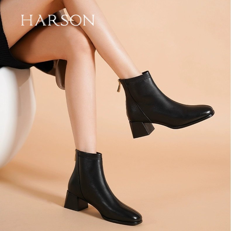 哈森秋冬新款日常休闲真皮圆头粗跟中跟加绒时装靴女 HWA220175