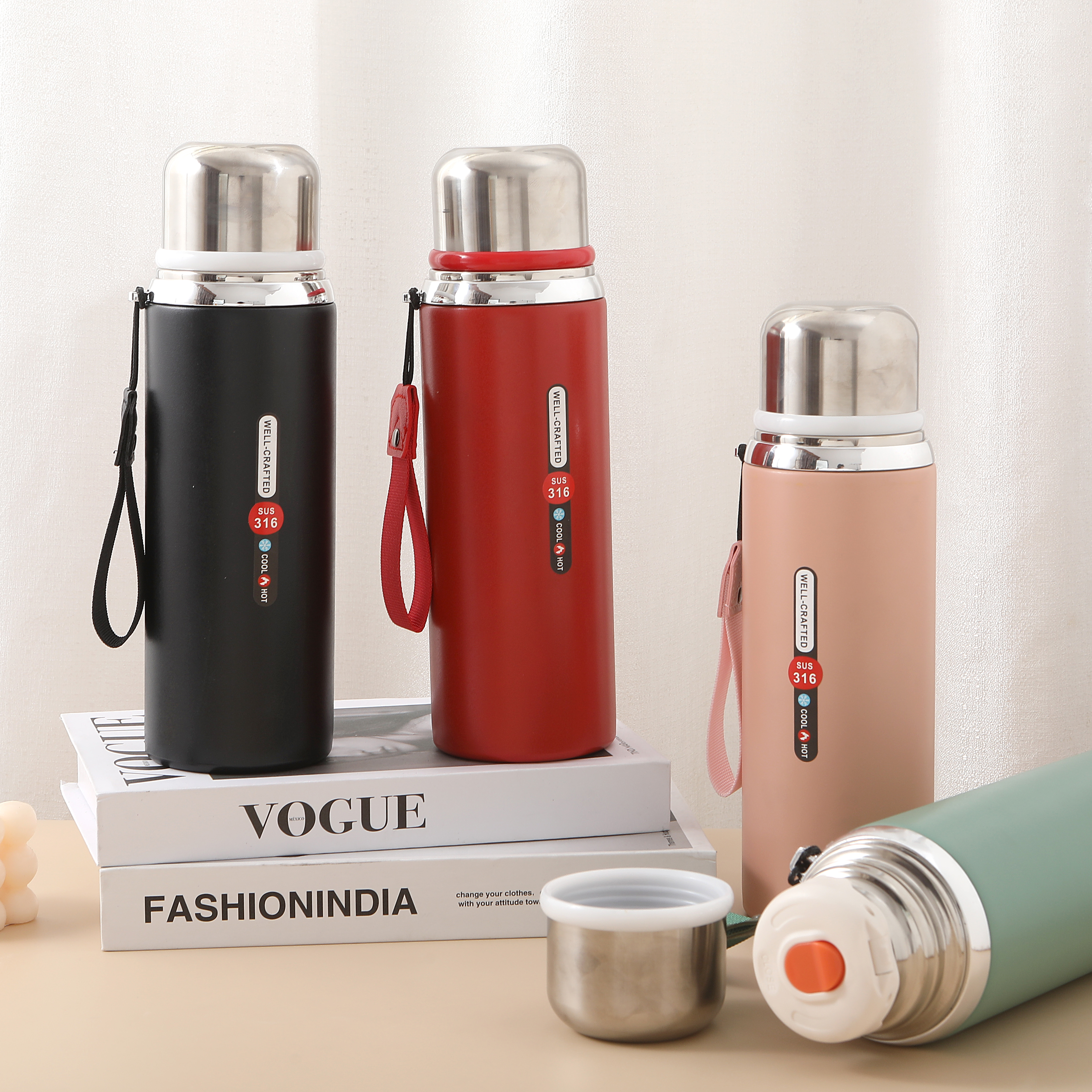 爆款韩式小钢炮杯盖两用提绳保温杯车载户外简约便携大容量