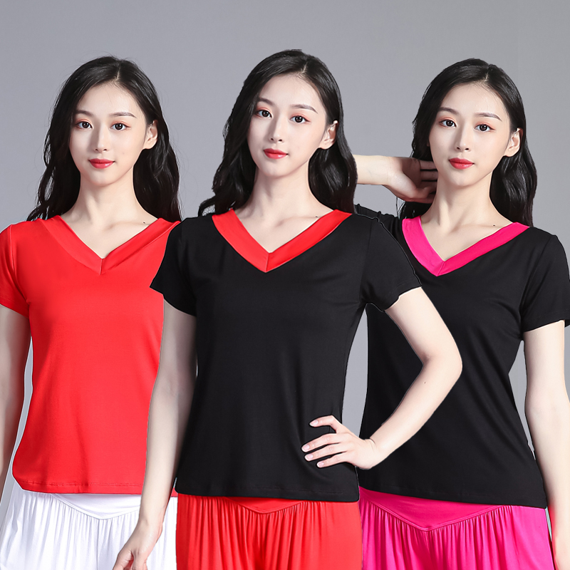 广场舞服装女上衣大码显瘦运动中老年夏季黑色v领跳舞练功服春夏