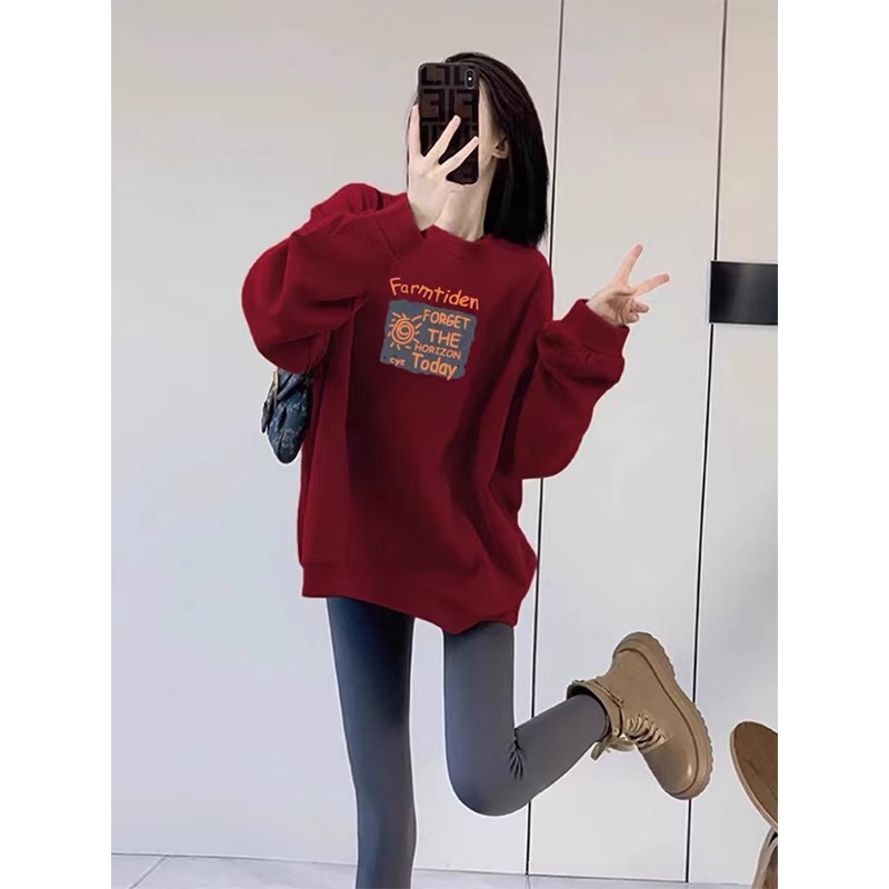 酒红色圆领加绒卫衣女新款2024秋冬韩版宽松显瘦百搭休闲长袖上衣