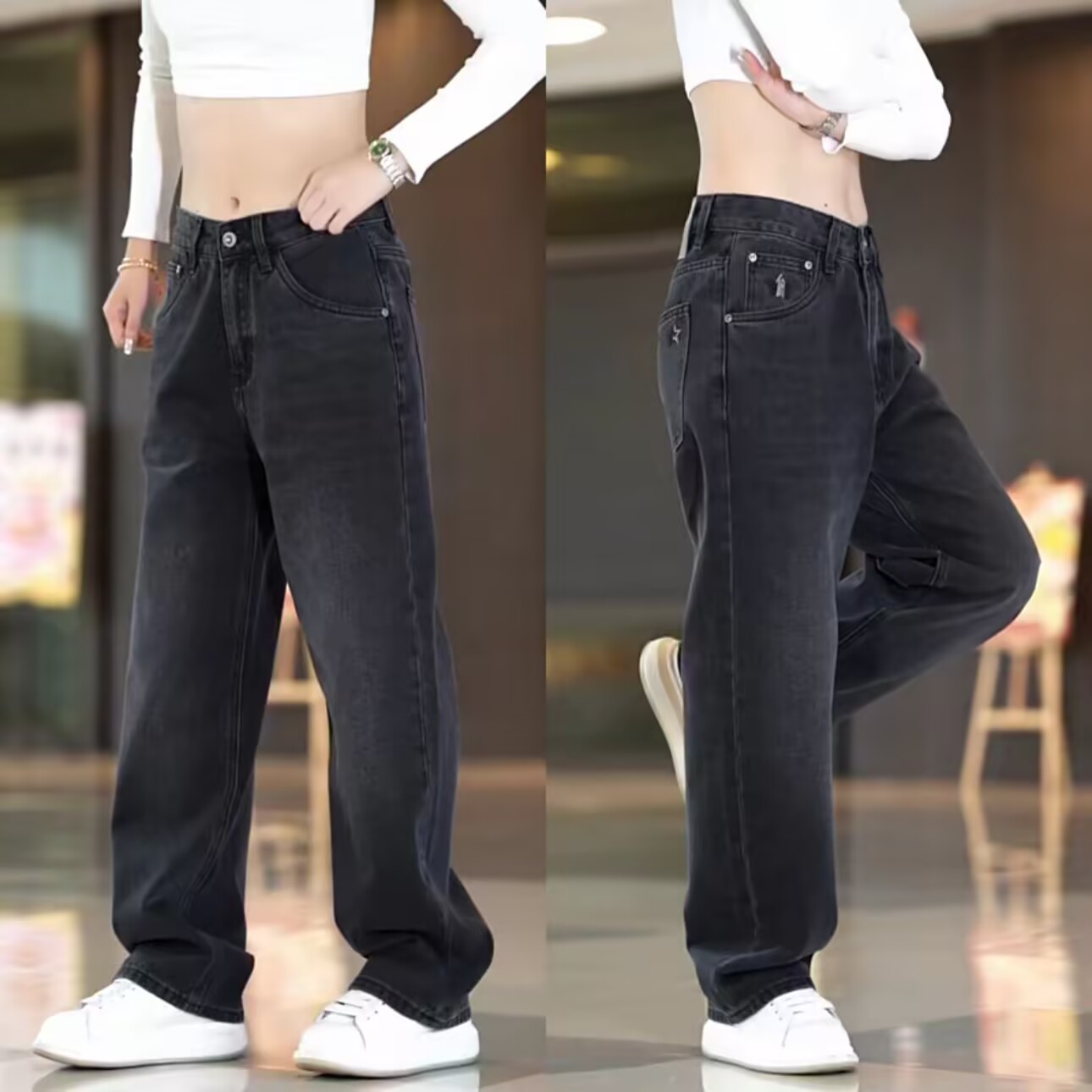 美式经典复古灰黑色刺绣宽松直筒阔腿牛仔裤男士休闲时尚潮款裤子