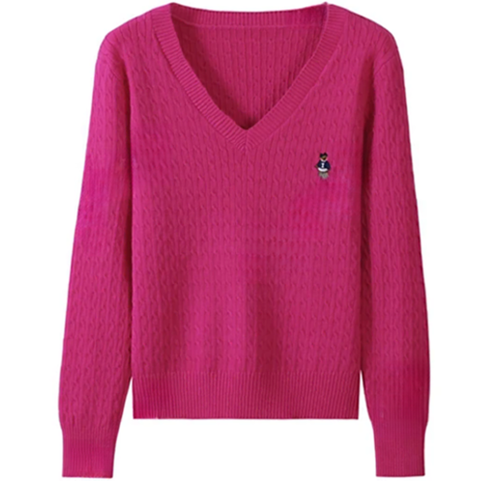 麻花纹理V领小熊刺绣女针织打底衫修身显瘦洋气套头百搭毛衣G5-64