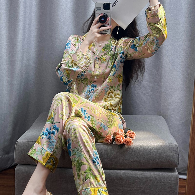 tpvl复古轻奢花卉冰丝夏季睡衣女士春秋长袖高级感套装国风家居服