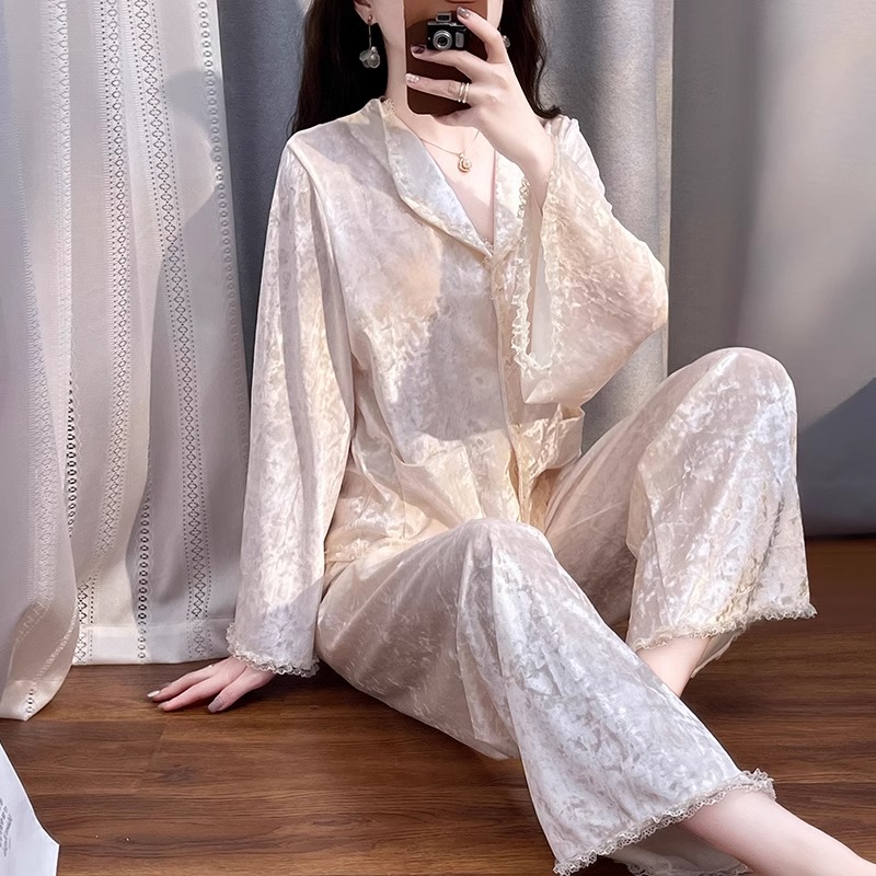 tpvl轻奢法式钻石丝绒睡衣女秋冬长袖家居服套装2025新款花边纯色