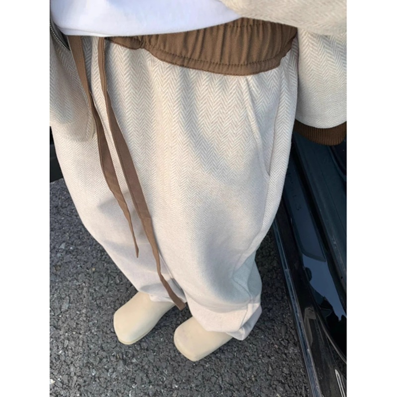 人字纹垂感重磅毛呢运动卫裤男秋冬美式潮牌宽松直筒阔腿休闲裤子