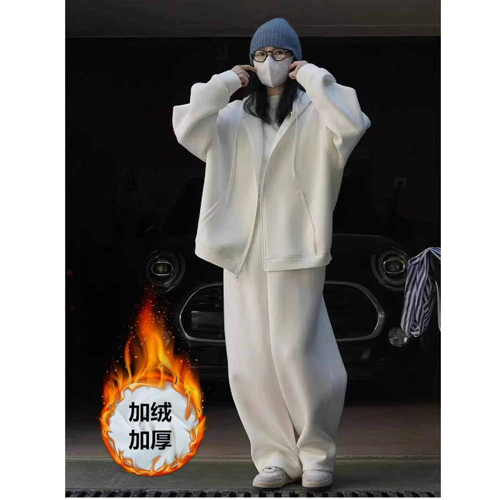 网红炸街运动套装女秋冬季学生宽松加绒连帽卫衣阔腿裤休闲两件套