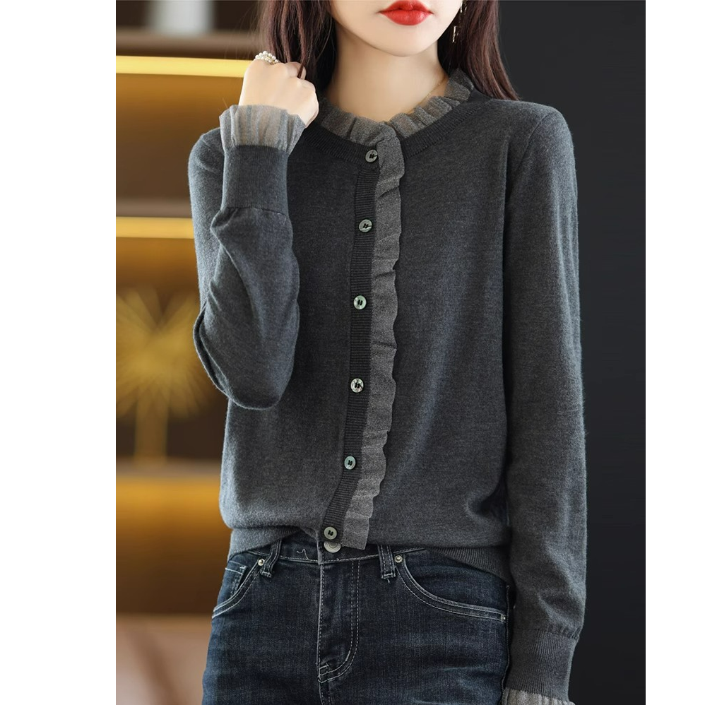 蕾丝针织开衫女秋冬毛衣外套薄款2024新款大码打底衫洋气外搭上衣