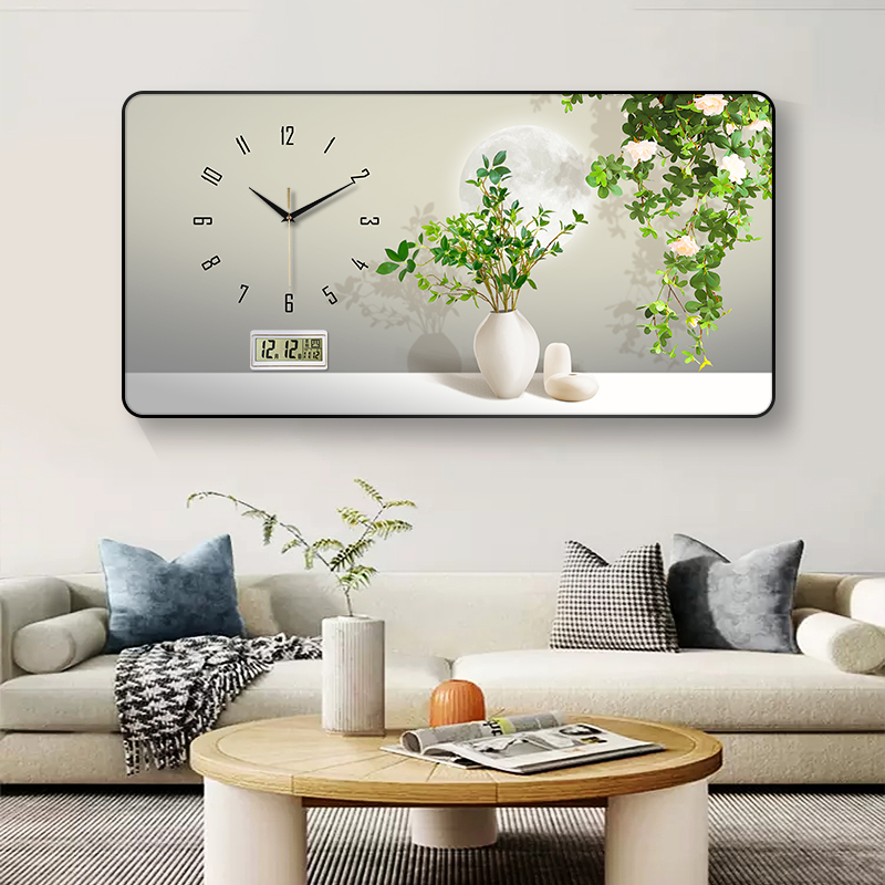 简约绿植数字电子万年历奶油风静音钟表挂钟客厅装饰画表挂墙时钟