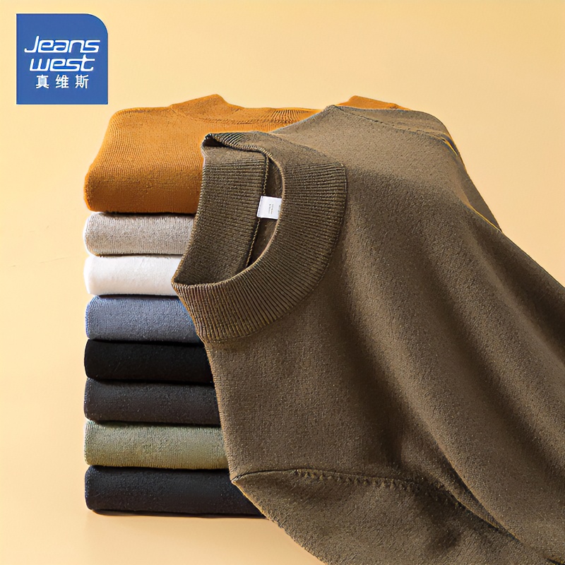 真维斯圆领毛衣男款冬季加绒纯色针织衫男百搭宽松休闲男士打底衫