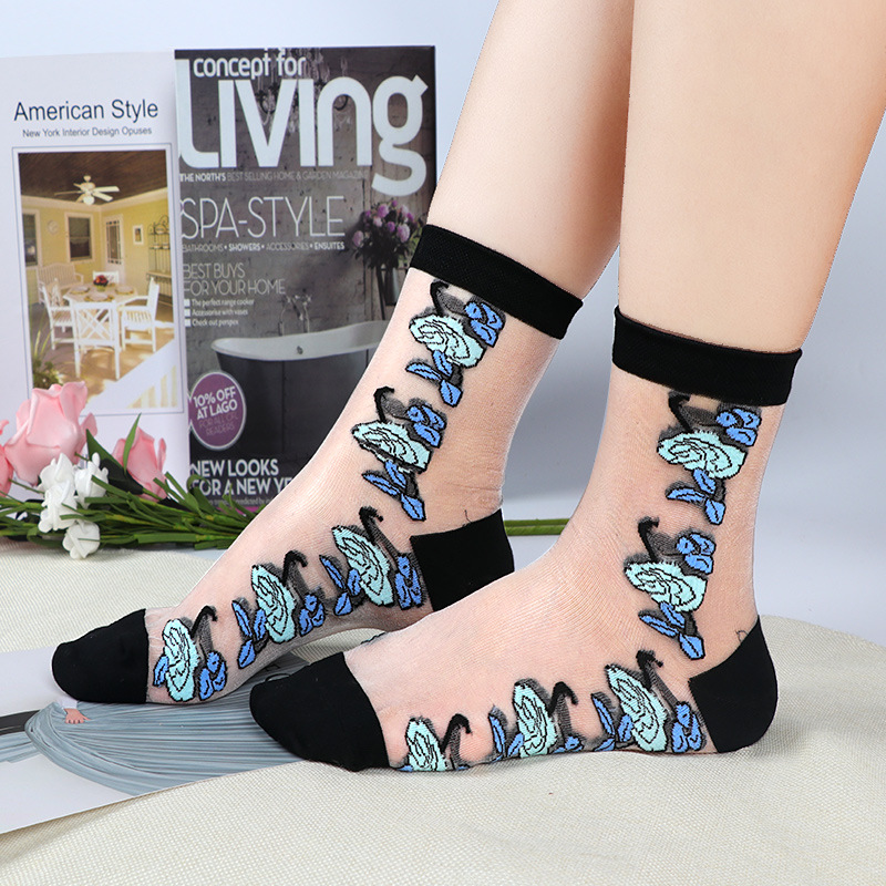 奈丝短筒复古超薄丝袜女士棉底甜美玫瑰花玻璃丝袜提花水晶袜批发