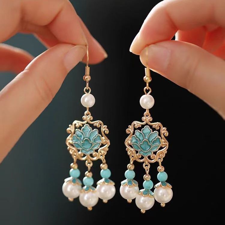 泰蓝烧蓝流苏耳环耳坠汉服旗袍配饰女宋代秋冬高级感复古国风百搭