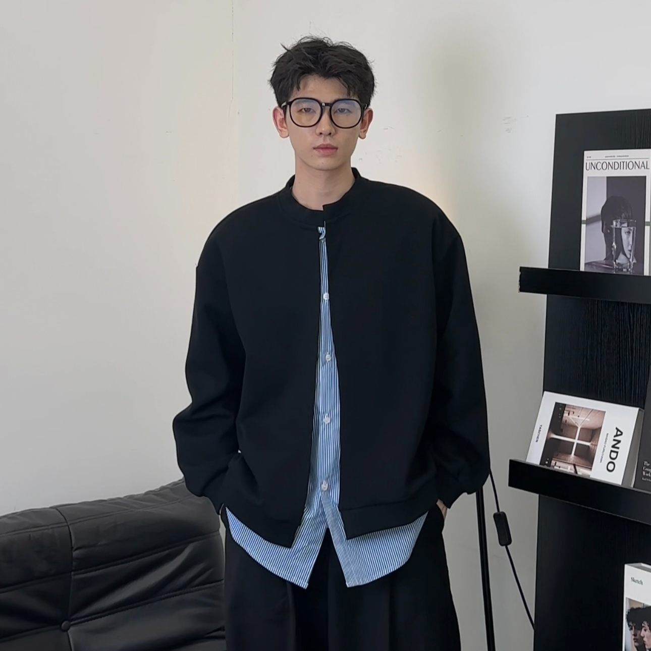 不太董【蝉翼碳石】秋季假两件开衫卫衣男休闲设计韩版长袖外套