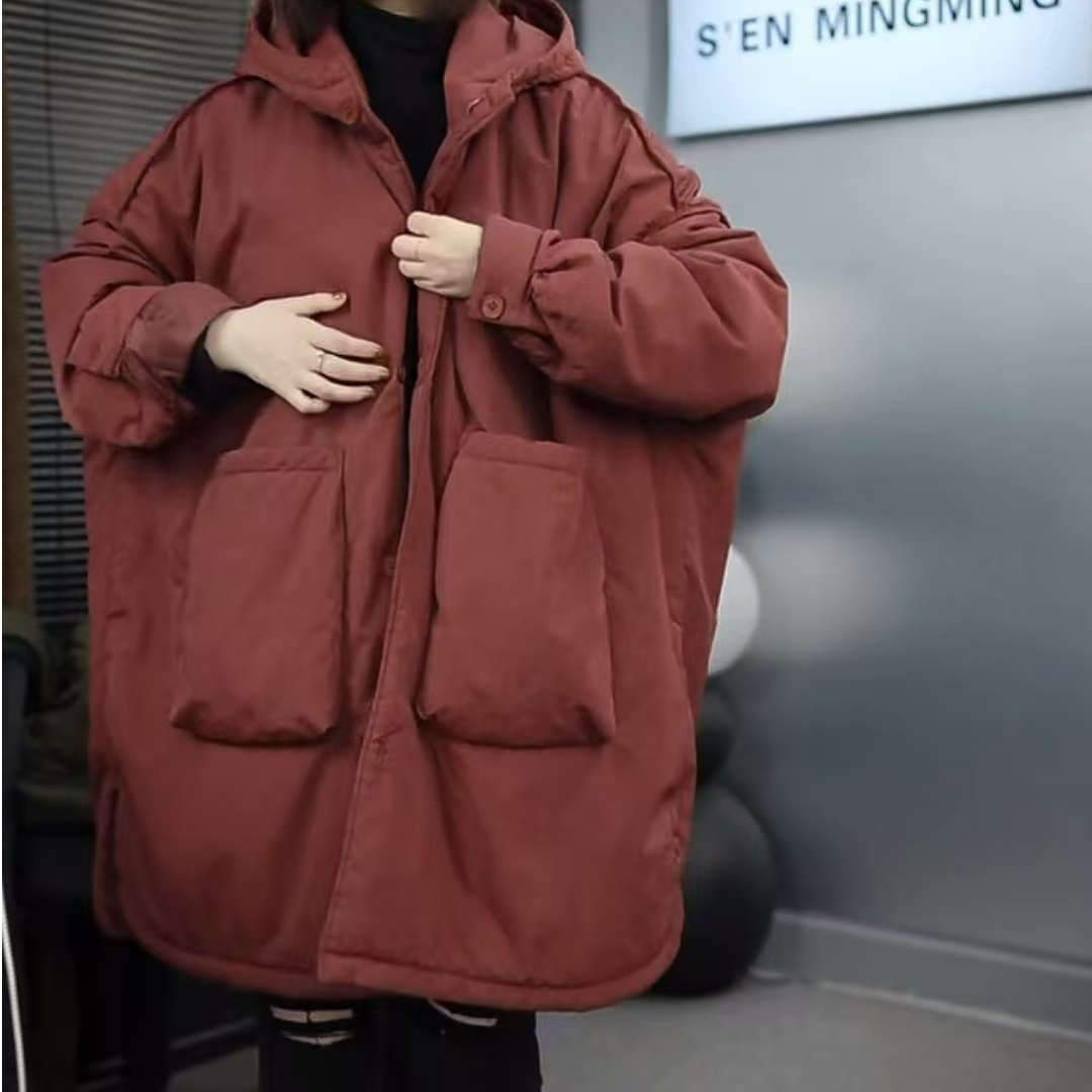新款加厚连帽棉衣2024冬季休闲简约大口袋棉服宽松大码女外套小众