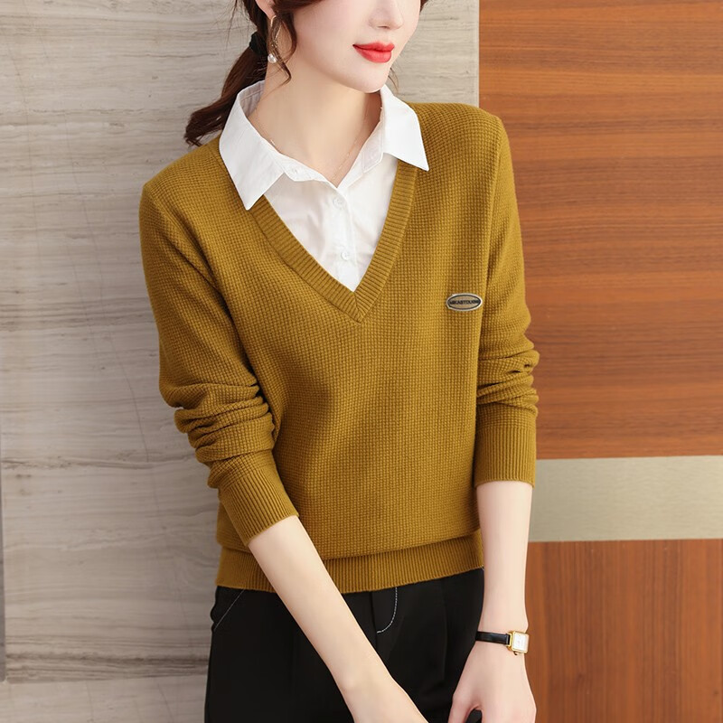 衬衫领外穿长袖针织衫假两件上衣时尚2025韩版短款新款秋装洋气女