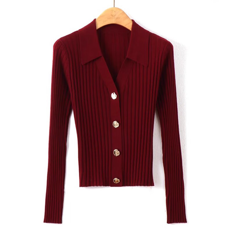 针织开衫女长袖春秋新款小个子洋气短款修身翻领上衣打底