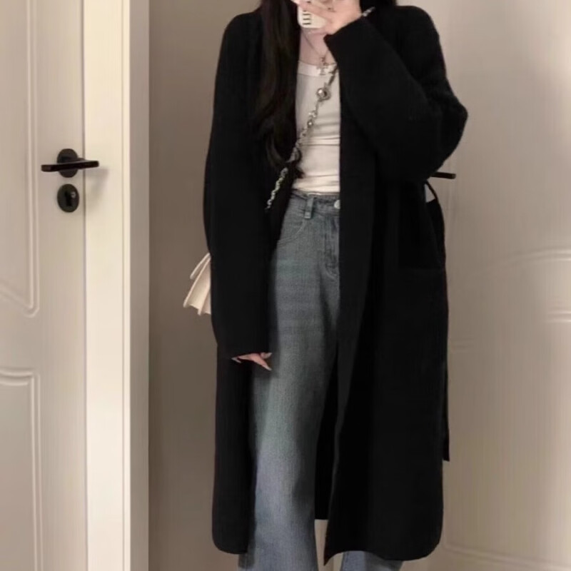 黑色宽松长款毛衣女春秋2025新款爆款韩系慵懒风上衣针织开衫外套