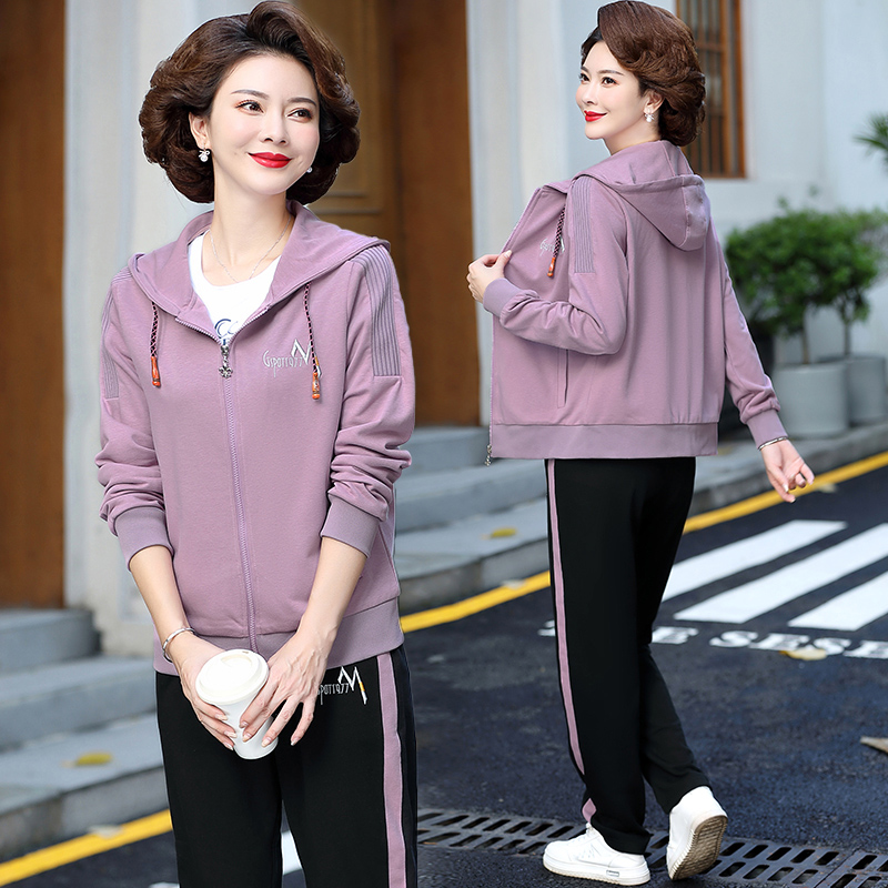 中老年妈妈春秋装时尚休闲运动服套装女连帽外套上衣中年两三件套
